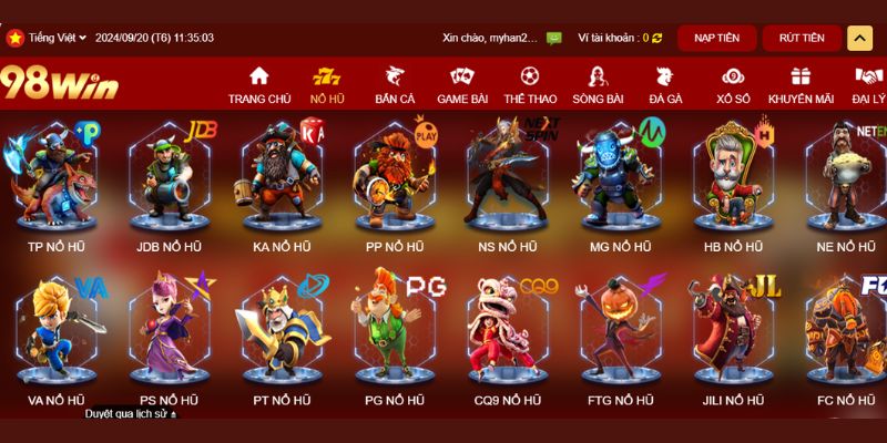 Các nhà cung cấp game slot uy tín tại nhà cái 98Win